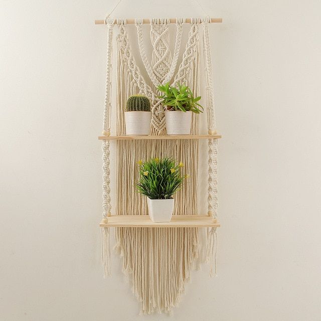 สองชั้นโบฮีเมียน-macrame-ที่แขวนผ้าติดผนังชั้นวางของตกแต่งบ้านที่เก็บของทำจากไม้ดอกไม้แขวนผนังแบบทอด้วยมือ