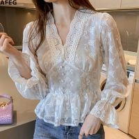 New Korean style V-neck fashion all-match lace long-sleeved blouse for women