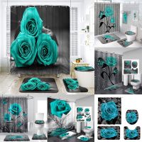 Teal Rose Shower Curtain Sets Pastoral Floral Water Droplets Flower Butterfly Bathroom Curtains Modern Rug Bath Mat Toilet Cover