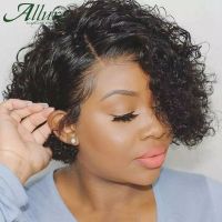 【LZ】™  Short Curly Bob Pixie Cut Lace Front Human Hair Wigs Colored Brown 99J Afro Jerry Curly Part Lace Wigs Brazilian Hair Allure