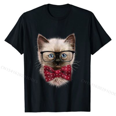 T-Shirt,  Looking Siamese Cat, Nerd Eyeglass, Bow Tie Tops Tees Oversized Casual Cotton Young Tshirts Casual