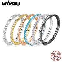 WOSTU 100% แหวนนิ้วแบบเรียงซ้อนได้แบบเดี่ยวทรงกลมเรียบง่าย925เงินสเตอร์ลิงแท้สำหรับ CQR066เครื่องเพชรงานหมั่นผู้หญิง