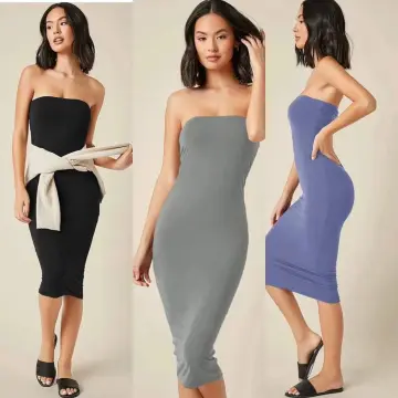 Womens Boobtube Midi Dress Plain Strapless Stretchy Bandeau Party Bodycon  Dress | eBay