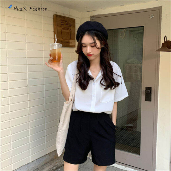 huax-เสื้อผู้หญิง-retro-lapel-lady-plain-ชีฟองแขนสั้นเสื้อ