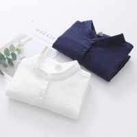 COD DSFERTRETRE Japanese Blouse Womens Double Layer Cotton Yarn Long-sleeved Shirt Soft Skin-friendly Pure Cotton White Shirt