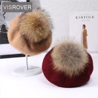 VISROVER New Unisex 100 Wool Winter Beret Solid fur Pompom Autumn Hat Winter Cap Spring Punk Beret Hat Real Fur Beret Wholesale