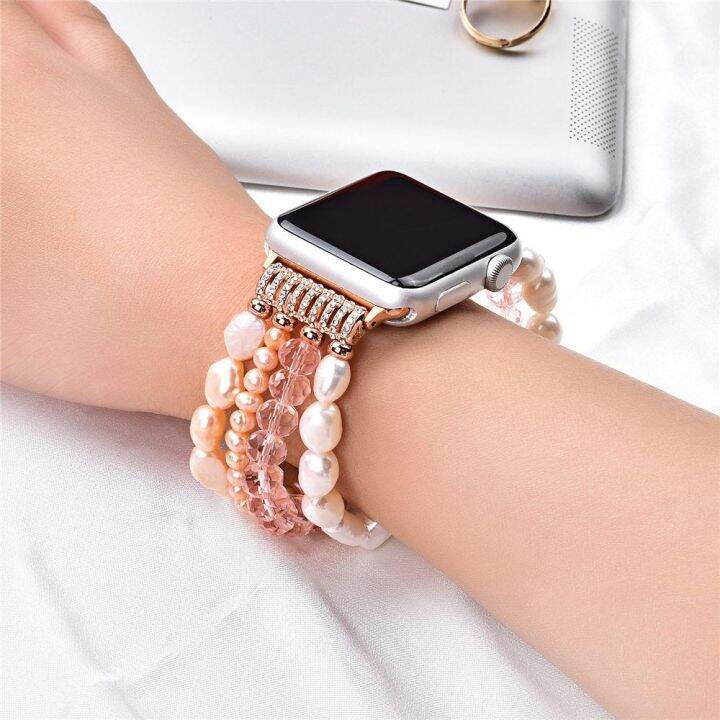 สร้อยข้อมือมุกคริสตัลยืดยืดหยุ่นสำหรับ-apple-watch-band-series-5-4-40mm-44mm-ผู้หญิง-bling-สายสำหรับ-iwatch-1-2-3-38mm-42mm