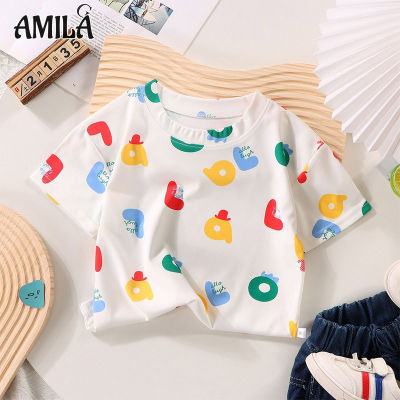 AMILA ฉบับภาษาเกาหลีเสื้อผ้าเด็กเสื้อเสื้อกล้ามลายการ์ตูนแขนสั้นลายการ์ตูนตัวอักษรผ้าฝ้ายสำหรับเด็กผู้หญิง