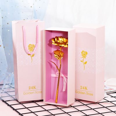 [AYIQ Flower Shop] 24K Gold Foil Rose Valentine 39; S Day Creative Gift Rose Emulated Flower Single Gold-Plated Rose Bouquet Gold Foil Flower Box