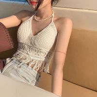 Crop Tops Retro Wild Hollow Perspective Tassel Sexy Spaghetti Strap Tanke Top Women Built In Bra 2021 New Back Lace Halter Neck