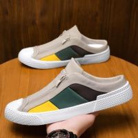 COD DSFGERERERER 2022 Half slippers Mens Summer Thin Breathable Canvas Shoes Korean Fashion Casual Mens Shoes Slip-on Heelless Lazybones Shoes