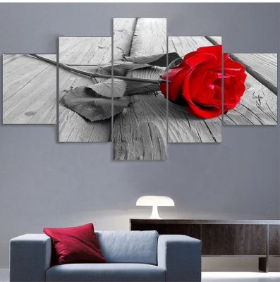 ภาพผ้าใบตกแต่งบ้าน HD ห้องนั่งเล่นโมเดิร์น5แผงดอกกุหลาบสีแดงดอกไม้ลายพิมพ์ภาพวาดศิลปะบนผนังโมดูลาร์กรอบโปสเตอร์ Heyuan ในอนาคต
