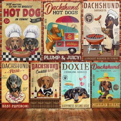 卐 Dachshund Hot Dog Tin Sign Vintage Poster of Fresh and Fast Hot Dog Retro Signs Wall Art Decor for Home Bar Club Cafe 8x12 Inch