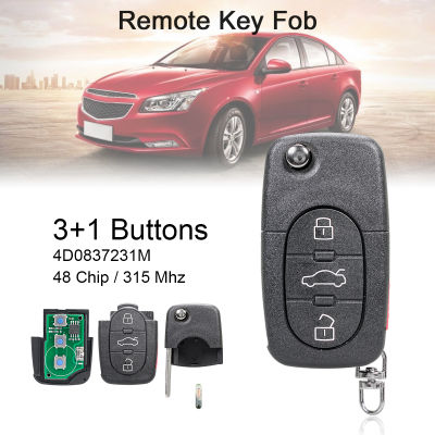 ระบบกุญแจไร้สาย315Mhz ปุ่ม Kunci Remote Mobil 3 + 1ปุ่มพร้อมชิป ID48/อะไหล่4D0837231M เหมาะสำหรับ A6 S4 A4 Au-Di A8 TT 1997-2005