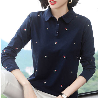 Oversized 5XL Womens T-shirts 2022 Spring New Lapel Long Sleeve Button Solid Floret Embroidery Polo Shirt Casual Loose Tee Tops