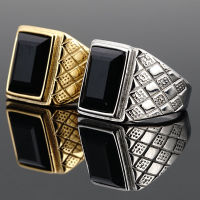 Vintage Stripe K Gold Plated Black Gemstone Ring Men S Titanium Steel Ring Personality Trendy Fashion Jewelry Ring