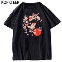 Cherry Blossom Koi Carp Fish Versatile Japanese T-Shirt Mens and Womens Loose Black T-Shirt High Quality Printed Round Neck S-5XL