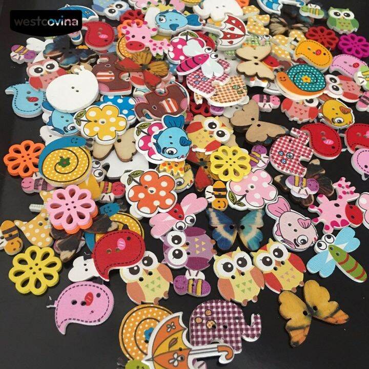 westcovina-50pcs-cartoon-flower-owl-elephant-shape-wooden-buttons-sewing-scrapbooking-tool