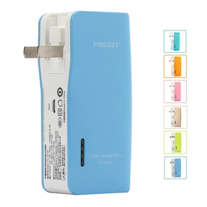 pisen-แบตสำรองแท้-5-000-mah-พาวเวอร์แบงค์-color-power-box-ปลั๊กไฟในตัว-เก็บประจุเต็มที่ได้ยาวนาน-usb-5v-2a-รูปทรงขนาดกระทัดรัดจับถนัดกระชับมือ-สีฟ้า