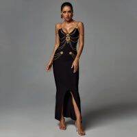 【YF】 Black White Ladies HL Bandage Strap Metal Embellishment Maxi Bodycon Long Dress Celebrity Fashion Red Carpet Outfit High Quality