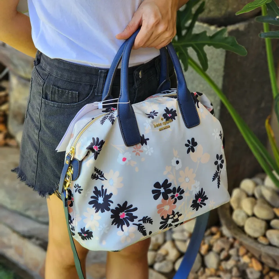 Guaranteed Original Kate Spade White Lyla Crossbody Nylon Women's Bag With  Sky Blue Flowers Print