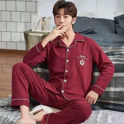 MUJI High quality pajamas mens pure cotton long-sleeved middle-aged and old youth spring and autumn winter cardigan lapel large size mens pajamas home clothes set