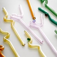 ﹍✼✗ INS Colorful Environmentally Friendly Hot Glass Straw Milk Tea Thick Lengthening Cute Curved Non-disposable High Borosilicate Glass Artificial Blowing Straw