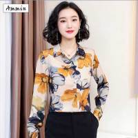 AMMIN Spring 2020 new Korean style long-sleeve lapel collar retro Hong Kong sense printed slim fit elegant mulberry silk shirt for womens