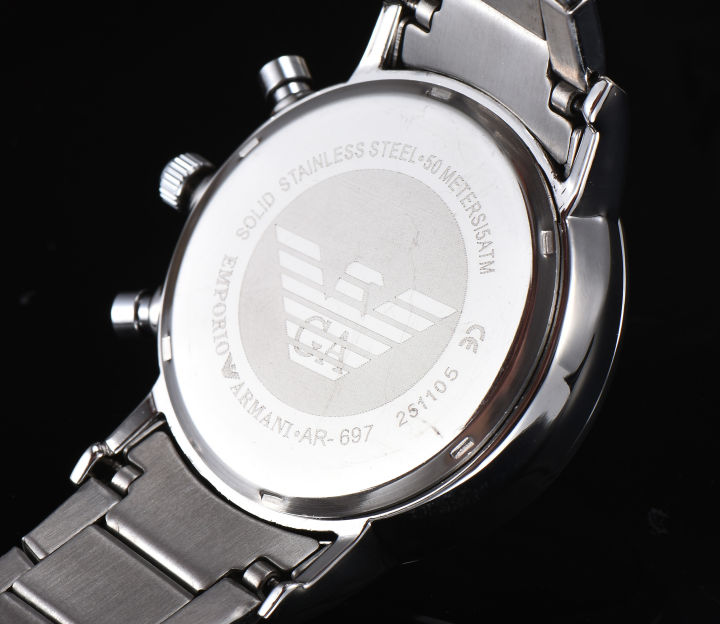armani-นาฬิกาข้อมือผู้ชาย-นาฬิกาควอทซ์ของแท้สายสเตนเลสสีเงินคุณภาพสูงนาฬิกาข้อมือลำลองธุรกิจแฟชั่นสำหรับผู้ชาย