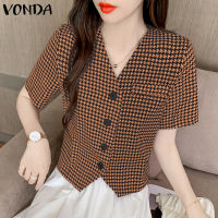 MASHYCHIC VONDA เสื้อโค้ทแขนสั้นลาย Houndstooth ลำลองสำหรับแฟชั่นสำหรับผู้หญิงเสื้อโค้ททำงานคอวีมีกระดุม (ลำลองแบบเกาหลี)