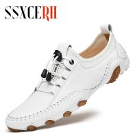 Casual Shoes Men Genuine Leather Sneakers Summer Breathable Men Shoes Fashion Driving Shoes Plus Size 46 47 White Flats Trainers