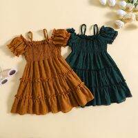 Pudcoco Kids Baby Girl A-line Dress, Short Sleeve Off-shoulder Spaghetti Straps Pleated Summer Dress 1-5T  by Hs2023