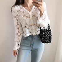 VVEN elegant retro french style hollow out design long flare sleeve V-neck button down knitted cardigans for women semi cropped blouse comfortable fabric summer spring 5068