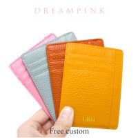 Dompet Kulit Sapi Ramping Inisial Kustom Wanita Pria Tempat Kartu Mewah Kulit Asli Personalisasi Huruf Kartu Kredit Casing Lengan