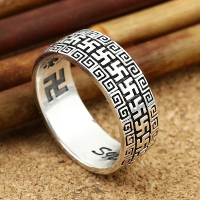 2022 Trendy 100 S925 Ssilver Jewelry Retro Chinese Buddhism Six-Character Mantra Fashion Good Luck Men and Women Ring