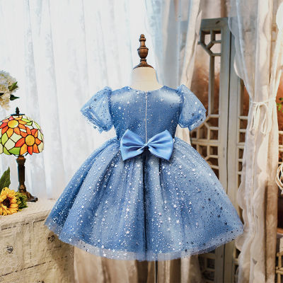 1-5 Year Old Baby Girl Dress Lace Star Bow Tutu Skirt Short Sleeve Blue Dress Star Princess Dress Host Childrens Costumes One Year Old Baby Girl Birthday Party Wedding Bridesmaid Dress
