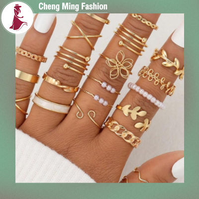 Cheng Ming 24ชิ้นย้อนยุคสำหรับผู้หญิงผีเสื้อชุดแหวนใบไม้ที่ฝังเพชรแหวนข้อนิ้วซ้อนทรงเรขาคณิต