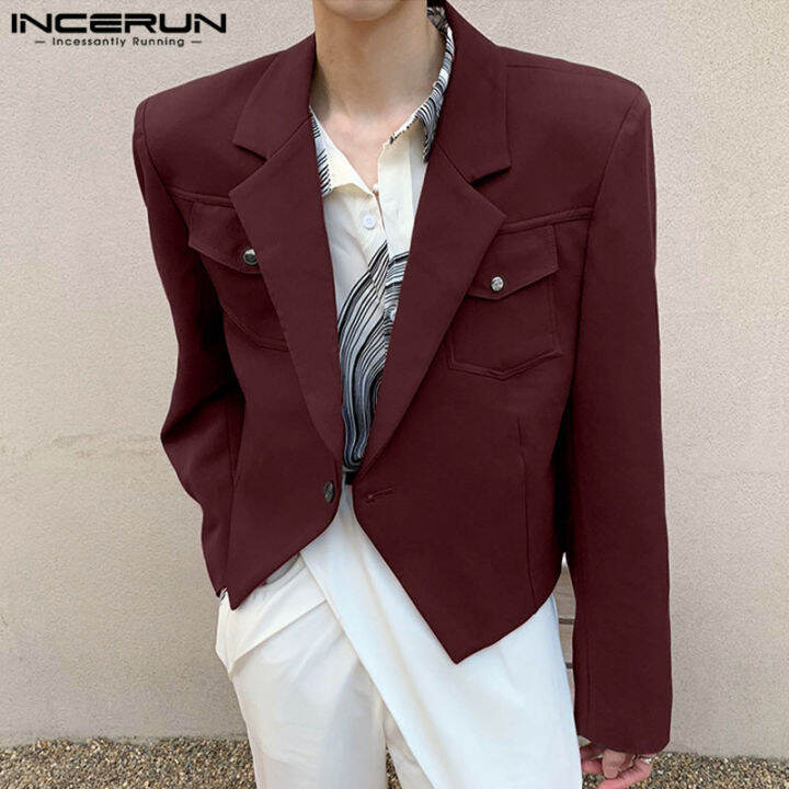 incerun-เสื้อสูทแขนยาวสำหรับผู้ชายสั้นติดกระดุมปกปกปกหน้าทางการแบบไม่สม่ำเสมอเสื้อแจ็คเก็ตแนวธุรกิจ-สไตล์เกาหลี