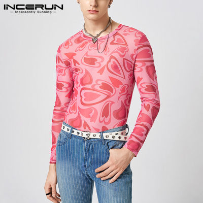เสื้อยืดคอผู้ชาย INCERUN ท็อปส์ซู Hippy แขนยาวดูผ่านเสื้อยืดปาร์ตี้วันหยุดด้านบน (สไตล์ตะวันตก)