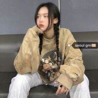 No Hat Hoodies Women Trendy Harajuku Tie Dye Cartoon Printed Sweatshirts Loose Thicker Warm Pullover Long Sleeve Student Ulzzang