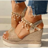 2022 New Women Wedge Sandals Summer Bead Studded Detail Platform Sandals Buckle Strap Peep Toe Thick Bottom Casual Shoes Ladies