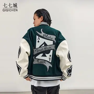 Men Spoof Pattern Embroidery Short Varsity Jackets HipHop Japanese