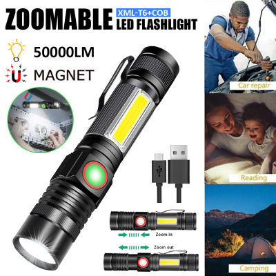 UltraFire T6 50000LM Zoomableไฟฉายกันน้ำไฟฉายLED Re-ChargeableไฟLed Firefly USB COBไฟฉายทำงานหางฐานแม่เหล็กไฟฉายทหารไฟฉุกเฉินแบบพกพาSuper Bright COB Light XML-T6 + COB Pocketปรับไฟฉาย