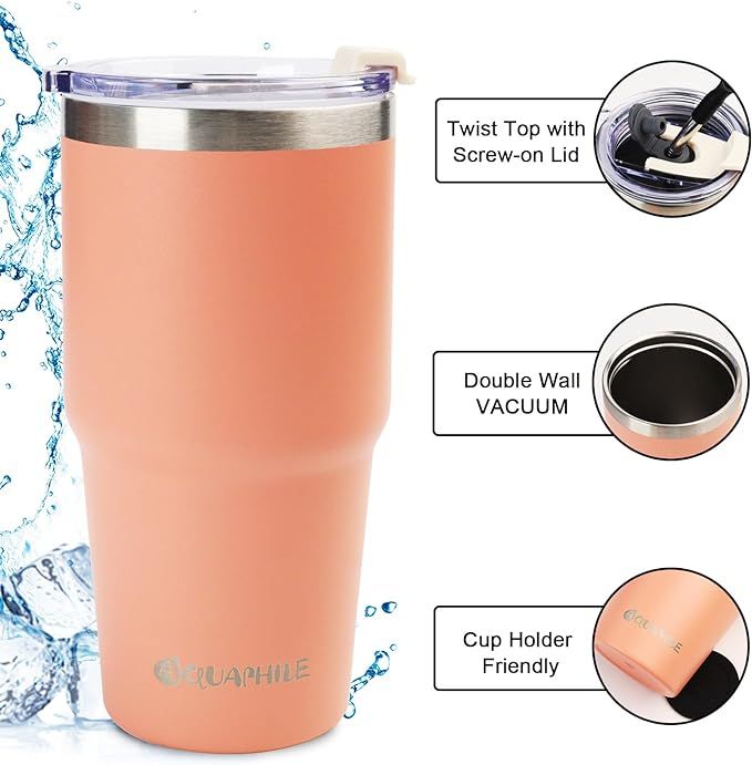 AQUAPHILE 40oz Tumbler with Handle, Double Walled Insulated Coffee Cup with  Leak-proof Lid and Straw, Stainless Steel Travel Mug for Hot or Cold Drinks( Pink) 