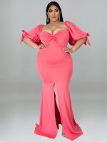 ZZOOI Plus Size Long Dresses Pink V Neck Short Puff Sleeve High Waist Bodycon Evening Cocktail Event Occasion Outfits 4XL Women Gowns