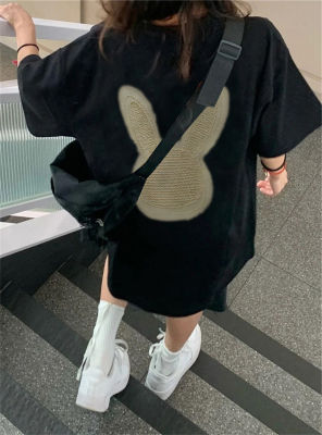 Tihik เสื้อยืดแขนเสื้อแขนสั้นคอกลมพิมพ์ลายกระต่ายแนววินเทจสำหรับผู้หญิงจากเกาหลี