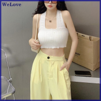 We[love] ผู้หญิงฤดูร้อนสีทึบ Crop Tops เซ็กซี่ backless Halter เสื้อแขนกุดบางสตรีสตรี