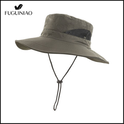 FUGUINIAO ผู้ชายถังหมวกระบายอากาศตาข่ายถังหมวกสีทึบปีกขนาดใหญ่กลางแจ้งป้องกันแสงแดดถังหมวก