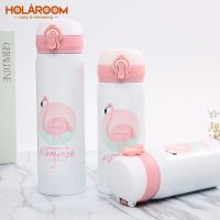 ❆☌ Holaroom Cute Flamingo Pattern Thermal Insulation Water Bottle Bouncing Lid Vacuum Cup Stainless Steel Leak Proof Vacuum Flasks
