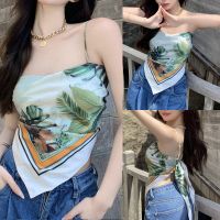 Beautifultime Tiktok สไตล์ไทสำหรับผู้หญิงกลับ Camisole, Tropical สปาเก็ตตี้สายคล้องคอใบผ้าเช็ดหน้าพิมพ์ลาย Hem ถัง Tops